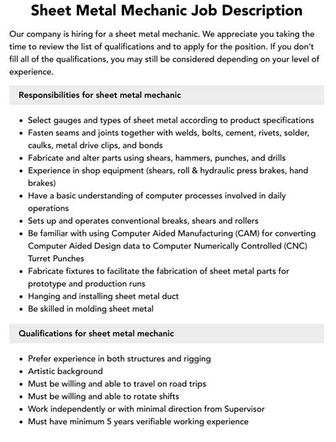 precision sheet metal mechanic job description|sheet metal technician.